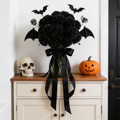 Kimura's Cabin 20Pcs Black Chrysanthemums Artificial Flowers Faux Silk Mums with Stem Balls Flowers for Halloween DIY Arrangement Home Party Table Centerpieces Decor Vase Fillers - color: Black