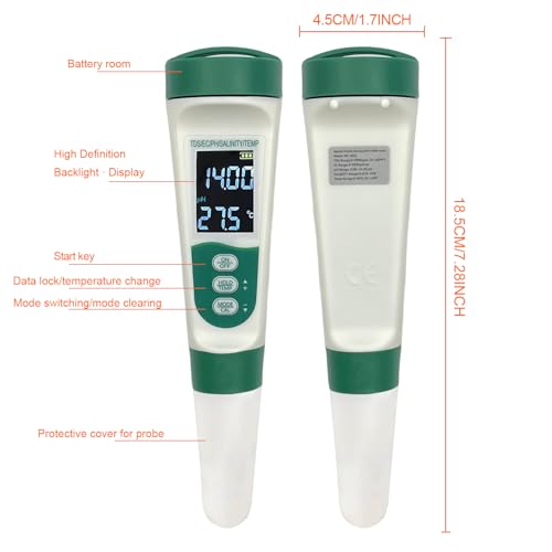 Aquarium Salt Tester - Pool Test Strips, Digital PH Meter for Water, Aquarium Monitoring Tool, Pond Checker, Fish Tank Water Analyzer, 5-in-1 Salinity, PH, TDS, EC, and Temperature Meter