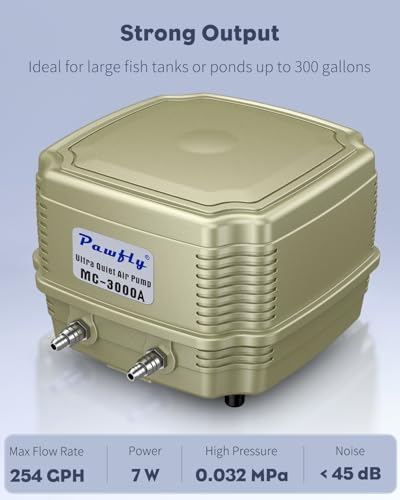 Pawfly 254 GPH Aquarium Air Pump, Quiet Adjustable Dual Outlet Oxygen Aerator with 13ft Airline Tubing & Check Valves for 300 Gallon Fish Tanks Ponds