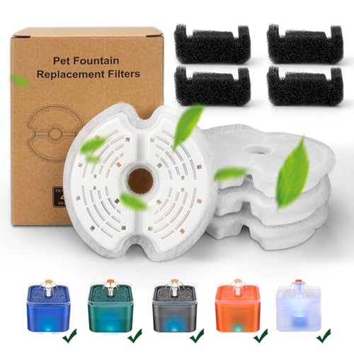 Cat Water Fountain Filter, Multiple Filtration Pet Water Fountain Replacement Filter,4 Cotton Activated Carbon Cat Fountain Filters and 4 Pre-filter Sponges (4+4 Pack)