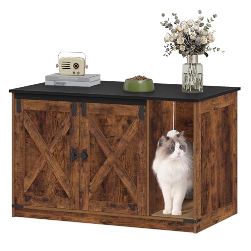 Hzuaneri Cat Litter Box Enclosure, Hidden Litter Box Cabinet Furniture with Bell, Indoor Cats House, Farmhouse Style, 39.4 x 21.7X 24.8 Inches for Hallway, Bedroom, Rustic and Black CB85201X - color: Rustic Brown and Black, size: 39.4"L x 21.7"W x 24.8"H