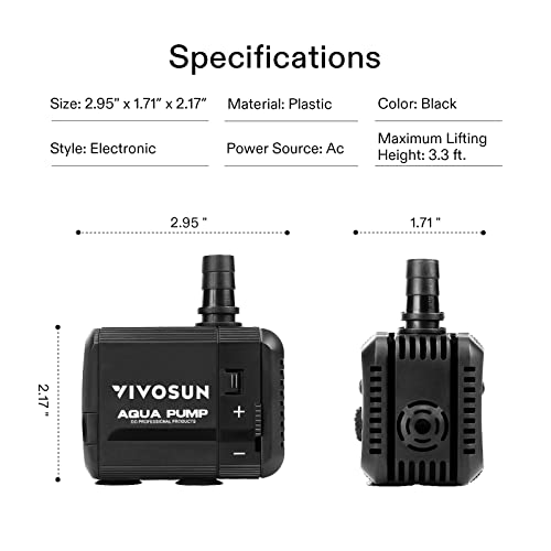 VIVOSUN 210GPH Submersible Pump(800L/H, 8W), Ultra Quiet Water Pump with 3.3ft High Lift, with 5ft Power Cord, 2 Nozzles for Fish Tank, Pond, Aquarium, Statuary, Hydroponics Black - size: 210GPH