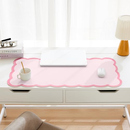 Scalloped Desk Mat, 31.5" x 15.7" Large Cute Aesthetic Desk Accessories, PU Leather Computer Laptop Desk Mouse Keyboard Pad, Desk Writing Mat for Vanity/Work/Home Decor (Pink, 31.5" x 15.7") - color: Pink, size: 31.5" x 15.7"