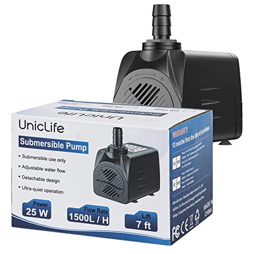 Uniclife UL400 Submersible Water Pump, 400 GPH Aquarium/Hydroponic/Fish Tank/Fountain/Pond/Statuary with 6' UL Listed Power Cord - size: 400 GPH