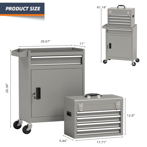 5-Drawer High Capacity Rolling Tool Box, Removable Cabinet Storage Tool Chest with Wheels and Drawers, Detachable Toolbox with Lock for Mechanics Garage Workshop and Tool Room (Grey) - color: Grey