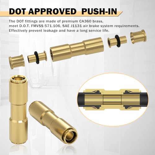 CheeMuii 6 PCS 1/4 Brass DOT Air Line Fitting Straight Union Quick Connect Fittings 1/4 Air Hose DOT Air Fittings for Semi Truck Trailers Industry Air System - size: 1/4IN-6PCS