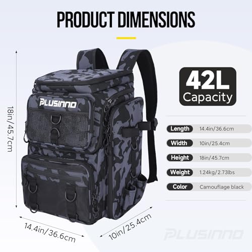 PLUSINNO Fishing Tackle Backpack with Rod Holders，42L Water-resistant Fishing Bag Store Fishing Gear, Fisher Gifts For Men. - color: Black Camouflage.