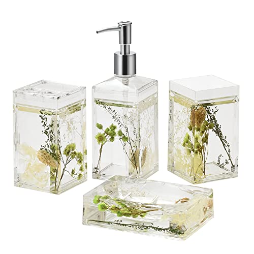 Locco Decor 4 Piece Acrylic Liquid 4D Floating Motion Bathroom Vanity Accessory Set Garden Botanic Green Plants Toothbrush Holder, Tumbler, Soap Dispenser, Soap Dish - size: 4-piece, style: Green Plants