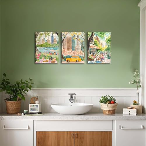 XLARTMY New York City Poster Travel Wall Art Canvas Framed Watercolor NYC Central Park Landmarks Artwork Decor Painting Prints Pictures Set of 3 for Bedroom Living Room Bathroom Office 12x16in - color: Watercolor City, size: 12x16in Canvas