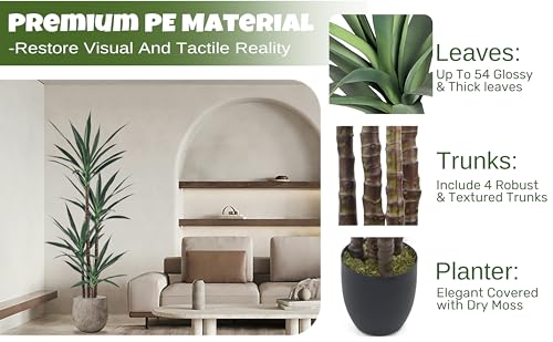 Roselywed Artificial Agave Plant 5FT with 54 Leaves & 4 Trunks & Elegant Black Pot Realistic Tall Large Fake Faux Modern Tree 62 Inch for Indoor Home Office Porch Mall School Decor Housewarming Gift - size: 5ft