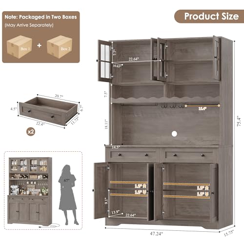HOSTACK 75.4" Tall Kitchen Pantry Cabinet with Charging Station, Modern White Kitchen Hutch with Microwave Stand and Wine Rack, Large Food Pantry Storage Cabinet with Glass Doors and Drawers, Ash Gray - color: Ash Gray