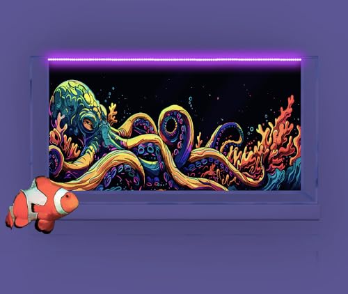 48X18IN Blacklight Octopus Sea Monster HD 3D Black Light Aquarium Background UV Reactive Background Terrarium Background with 10 EVA Double-Sided Tape