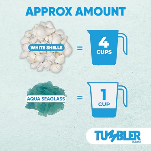 Tumbler Home White Sea Shell Mix with Aqua Sea Glass | Set Contains 1.5 lbs of Seashells and Seaglass | Beach Decor, Crafts, Wedding, Vase Filler - color: Shells + Glass