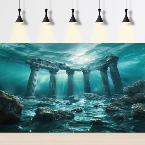 Under The Sea Aquarium Background Underwater Marine Ruins Ancient Structures Fish Tank Background Coral-Encrusted Artifacts Stunning Ocean Terrarium Backgrounds Diving Theme Tank Backgrounds 24x12in - color: Dark Blue, size: 24(W)x12(H)in