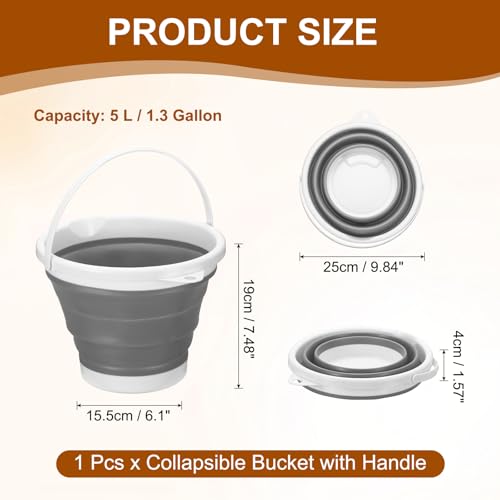uxcell Collapsible Bucket, 1.3 Gallon (5L) Small Foldable Bucket, Portable Water Pail Round Tub Cleaning Tools with Handle for RV Camping Household Garden Fishing Car Wash, Gray - color: Gray