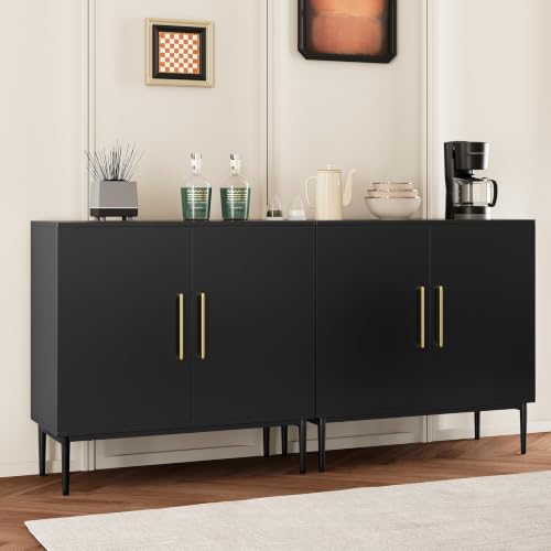 Set of 3 Black Storage Cabinet with Doors, Modern Accent Cabinet, Free Standing Cabinet with Adjustable Shelf, Wooden Buffet Sideboards for Living Room, Kitchen, Dining Room, Entryway - color: Black丨flat Panel, size: 3 Pieces