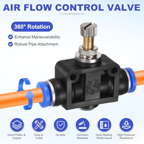 M METERXITY 2-Pack Air Flow Control Valve with Push-to-Connect Fitting, 6mm(1/4") OD Pneumatic Quick Speed Controller Union Straight for Polyethylene/Nylon/PU Pipes - size: 6mm(1/4")