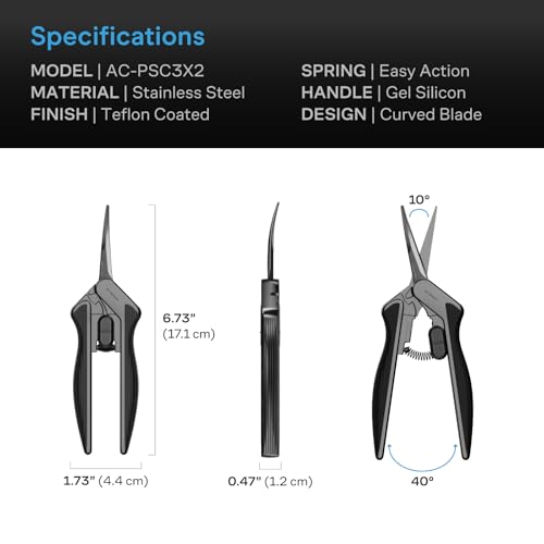 AC Infinity 6.6” Stainless Steel Curved Pruning Shear 2-Pack, Lightweight Ergonomic Design, Curved Precision Blades with Nonstick Teflon Coating for Gardening, Hydroponics, Grow Tents