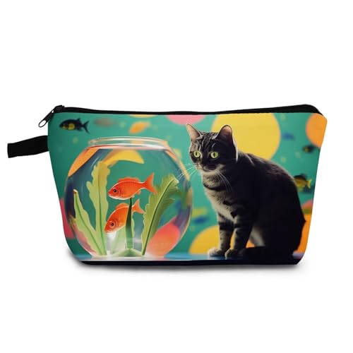 Cat Near Fish Tank Makeup Bag Cute Small Organizer Bag with Zipper Cat Near Fish Tank Cosmetic Bag Aesthetic Birthday Present for Women Sisters Friends -2