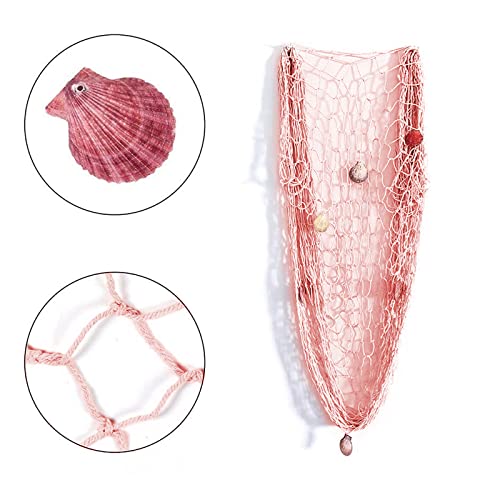 Nature Fish Net Wall Decoration with Shells, Ocean Themed Wall Hangings Fishing Net Party Decor for Pirate Party,Wedding,Photographing Decoration (Pink) - color: 1pack Pink