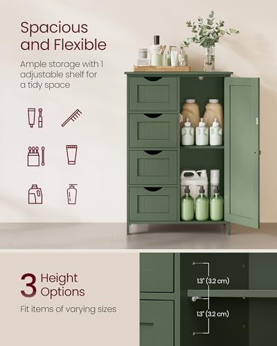 VASAGLE Storage Cabinet with Drawers, Freestanding Floor Cabinet with Door, 11.8 x 21.7 x 32.3 Inches, Adjustable Shelf, for Bathroom, Living Room, Kitchen, Forest Green ULHC041CH01S - color: Forest Green, style: 1 Door + 4 Drawers（32.3"）