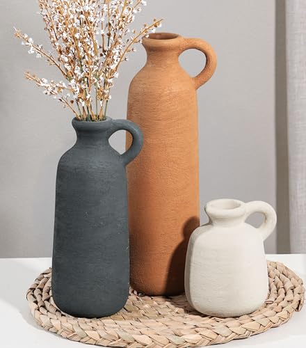 Ceramic Vase Set, 3Pcs Flower Vases for Modern Boho Farmhouse Decor, Decorative Vases for Pampas Grass & Dried Flowers, Distressed Finish - color: E