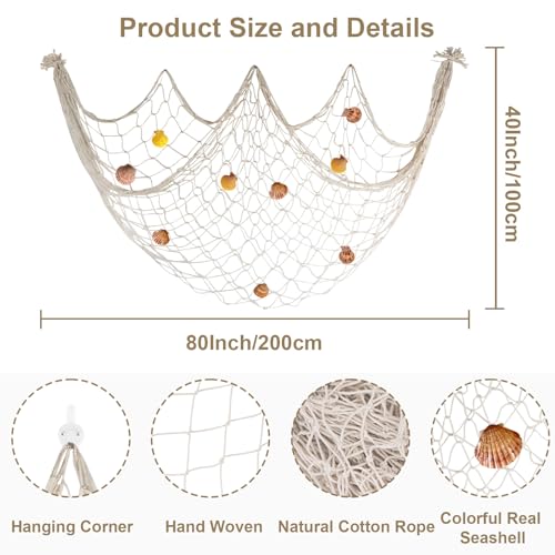 80x40 Inch Decorative Fishing Net w/Shells & Clips, 3mm Beige Natural Cotton Large Photo Hanging Fishnet, Wall Halloween Party Decorations for Nautical Pirate Hawaii Underwater Mermaid Themed Party - color: Beige, size: Large - 1 Pack with shells