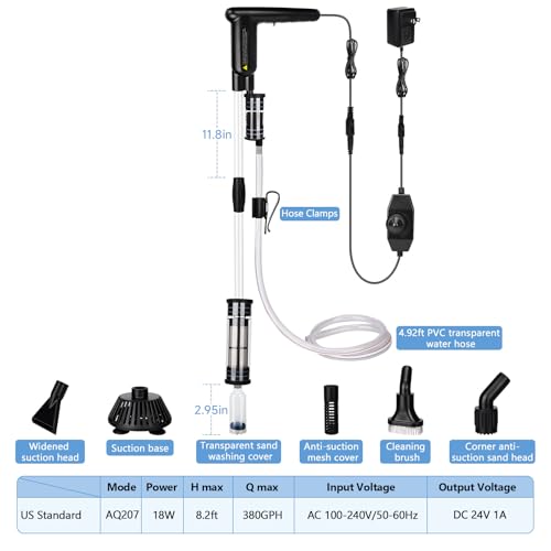 AQQA Upgraded DC 18W Electric Aquarium Vacuum Gravel Cleaner, Anti-Clog Pre-Filter Design, 7-in-1 Multifunctional Fish Tank Cleaning Kit for Dirt Removal, Water Change, Sand Washing, Turtle Shower