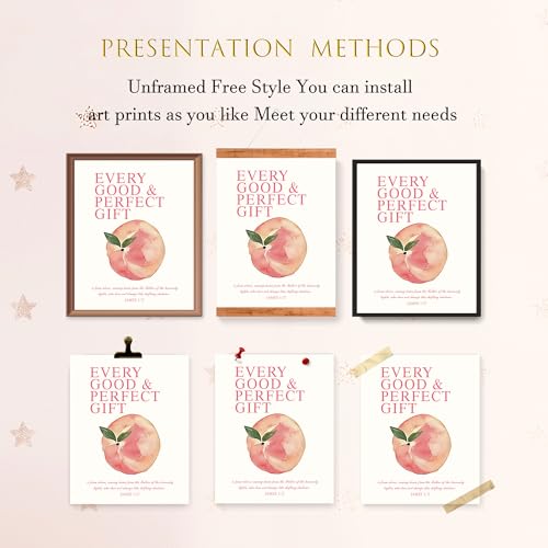 LARTSFRO Coquette Pink Peach Fruits Wall Art Decor Posters, Cute Pink Peach Christian Room Bathroom Bedroom Dorm Wall Art Decor Aesthetic for College Teen Girls Gifts, Inspirational Bible Verses Wall Decor, 10x8 Inch Set of 4 Pcs Fruits Pictures (UNFRAMED