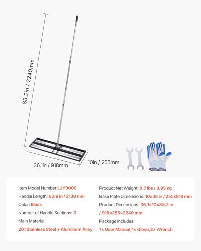 VEVOR Updated Lawn Leveling Rake with Roller, 36" x 10" Stainless Steel Lawn Leveler with 83.9" Adjustable Handle, Heavy Duty Yard Leveling Rake, Effort Saving Lawn Leveling Tool for Yard Golf Court - size: 10*36*84in (with Roller)