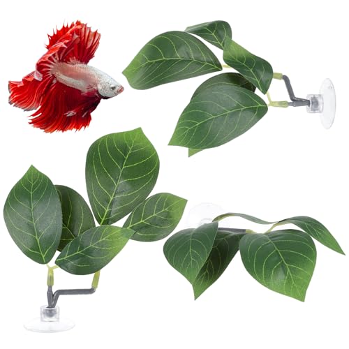 3 PCS Betta Fish Leaf Hammock, Faux Fishs Leafs Pads 5.5 Inch Plastic Artificial Plant Twin Leaf Design with Suction Cup Aquarium Decorations Ornaments Fish Tank Accessories for Resting Hiding Playing