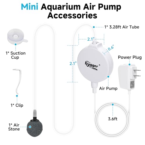 hygger 1.5 Watt Mini Aquarium Air Pump, Quiet Aerator with Air Stone Tubing Suction Cup Clip, Small Fish Tank Bubbler Oxygen Pump for 1 to 15 Gallon Betta Tank, Fish Bowl, Desk Small Tank
