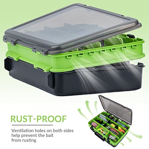 THKFISH Fishing Tackle Box Organizer Double Layer Tackle Storage Fishing Boxes Outdoor Box with Adjustable Dividers 14.96 * 10.23 * 4.5in Green - color: A-GREEN-double sided tackle box