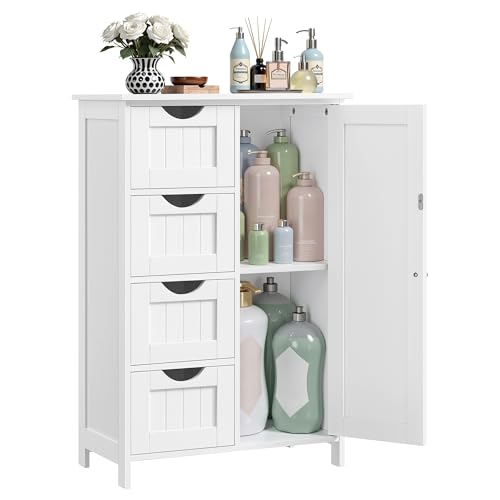 VASAGLE Storage Cabinet with Drawers, Freestanding Floor Cabinet with Door, 11.8 x 21.7 x 32.3 Inches, Adjustable Shelf, for Bathroom, Living Room, Kitchen, Cloud White ULHC041WH01S - color: Cloud White, style: 1 Door + 4 Drawers（32.3"）
