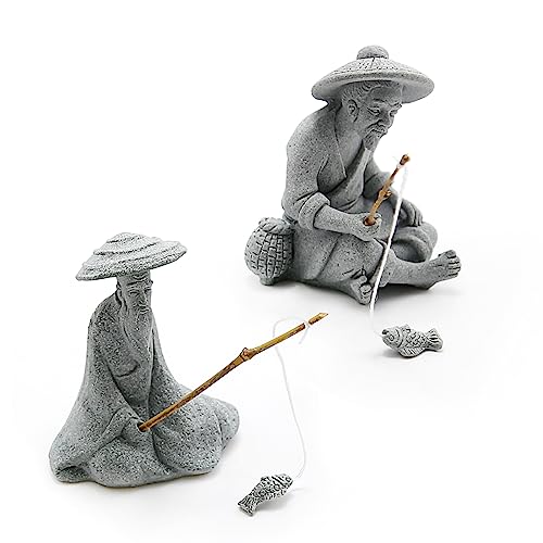 2PCS Sitting Fishing Figurines Sandstone Vintage Ornament Japanese Decor for Fish Tank Pot Garden Home Aquarium Mini Fisherman Statue Asian Zen Decoration - size: Medium Size