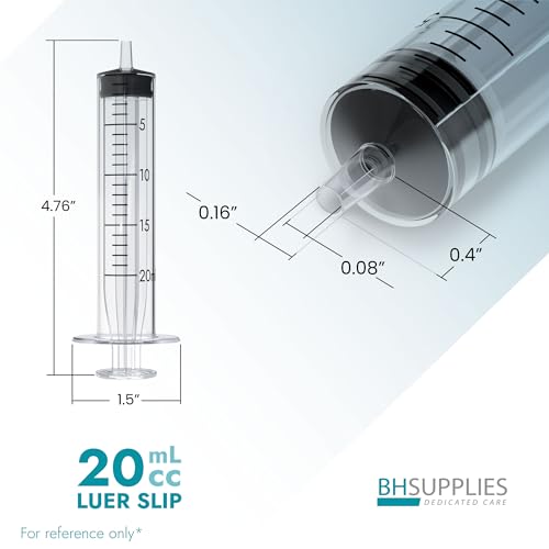 BH Supplies 20ml Luer Slip Tip Syringes (No Needle) - Sterile, Individually Wrapped - 50 Syringes