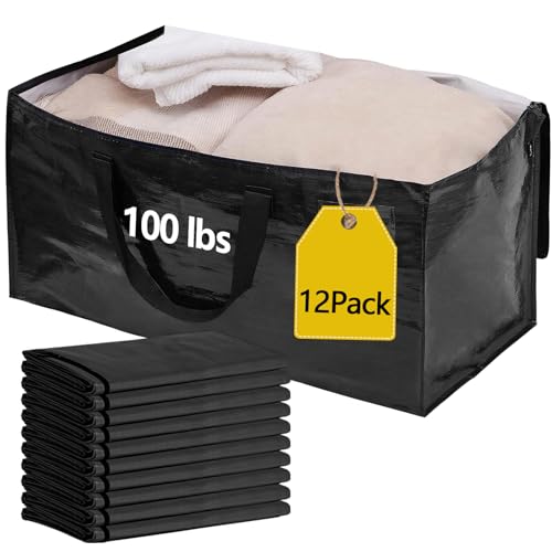 12 Pack Waterproof Moving Bags with Strong Zippers and Reinforced Handles, Real 100lb Capacity Extra Heavy Duty Large Storage Totes for Packing & Moving Storing, Alternative to Moving Boxes -95L,Black - color: Black, size: 12 Pack