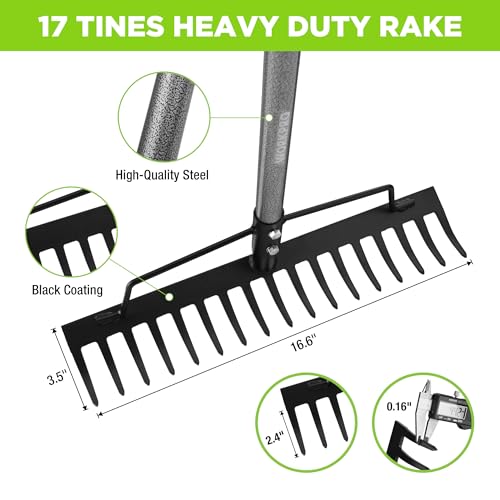 WORKPRO 65 Inch Bow Rake, 17 Tines Metal Head Rakes with High Strength Handle, Heavy Duty Garden Rake with Adjustable Handle for for Loosening Soil, Gathering Leaf, Leveling Lawn, Farming Land