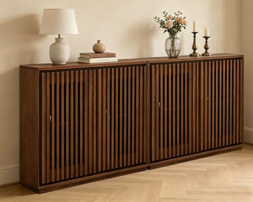 LKTART Narrow Buffet Cabinet Sideboard with Storage,Mid Century Modern Small Accent Credenza Cabinet with Doors & Shelves,Wood Coffee Bar TV Media Console Table for Kitchen,Entryway,2 Pieces - color: B- Walnut, size: 2 Pieces