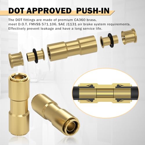 CheeMuii 6 PCS 3/8 Brass DOT Air Line Fitting Straight Union Quick Connect Fittings 3/8 Air Hose DOT Air Fittings for Semi Truck Trailers Industry Air System - size: 3/8IN-6PCS