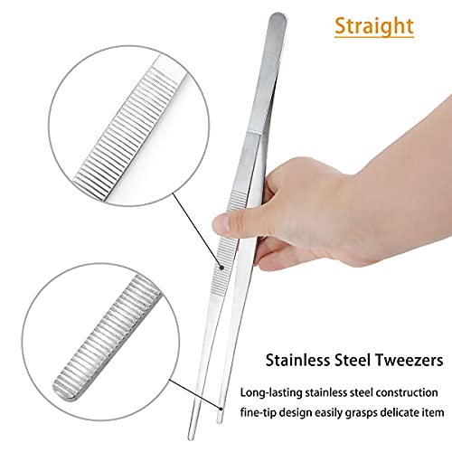Kitchen Long Tweezers Set, LEEFONE 2 PCS 12 Inch Stainless Steel Food Tweezers with Precision Serrated Tips for Cooking & Baking (Straight + Curved)