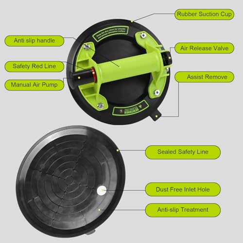 DEWINNER 8" Glass Suction Cups - Heavy-Duty Vacuum Glass Lifter for Windshield Tiles and Granite - 660lbs Load Capacity - 2 Pack Industrial Suction Cup with Carry Case - color: Green