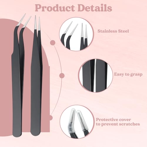 2 Pcs Sticker Tweezers Set, Stainless Steel Craft Tweezer Thin Lash Tweezers Portable Pointed Curved Tweezer for Women Men Making Jewelry Nail Crafts Industrial Electronics