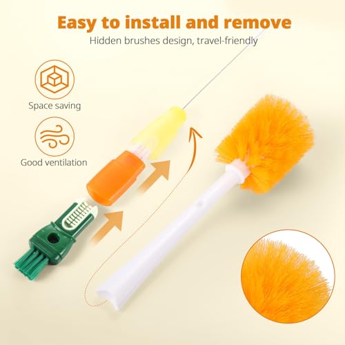OUTXE 5 Pack Bottle Brush Set, 5-in-1 Water Bottle Cleaner Brush, 15" Long Handle Bottle Cleaning Brush, 3 Straw Brush, Removable Nipple Brush, Detail Brush for Cup Lid Gap, WBBSBLB5 - color: Orange, size: 5-in-1 Brush + Long Handle Brush