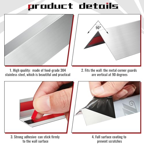 Therwen 10 Pcs 304 Stainless Steel Wall Corner Guards 0.5 x 0.5 x 36 Inch Self Adhesive Heavy Duty Corner Protector Trim with 90 Degree Angle for Wall Protection Metal Edge Guard - size: 0.5 x 0.5 x 36 Inch