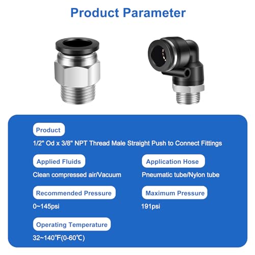 12 Pcs Push to Connect Fittings 1/2 Inch Tube OD x 3/8 Inch NPT Thread Pneumatic Male Straight and Elbow Quick Connect Air line fittings - size: 1/2"OD x 3/8"NPT