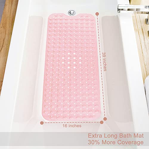 TEESHLY Bath Tub and Shower Mats, Non-Slip 39 x 16 Inch Extra Long Bathtub Mat, Machine Washable BathMat with Drain Holes, Suction Cups for Bathroom (Opaque Pink) - color: Opaque Pink