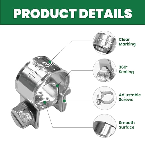 1/4" Mini Fuel Injection Hose Clamps, 20PCS Gas Line Hose Clamp, Adjustable Pipe Hose Clip Tube Clamps for Automotive,Agriculture,Plumbing, 7/16"-1/2" Dia - size: 7/16"-1/2" (11-13mm)