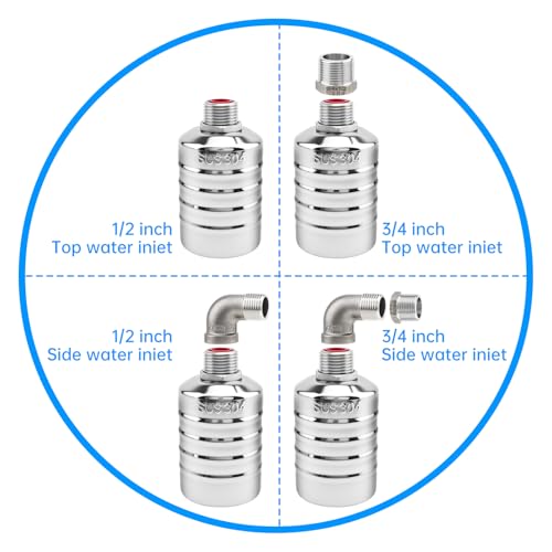 3 Pack Float Valve, 304 Stainless Steel Automatic Water Float Valve，1/2" and 3/4" Connection Auto Fill Shut Off Water Level Control Valve for Pool, Water Tank, Livestock Troughs