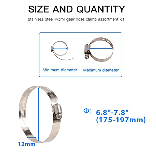 Quickun 10Pcs 7" Stainless Steel Hose Clamp Worm Gear Clamps Adjustable 6.8"-7.8"(175-197mm) Range, Fuel Line Clamp for Water Pipe, Hose Clips, Automative and Mechanical Application - size: 6.80"-7.80"